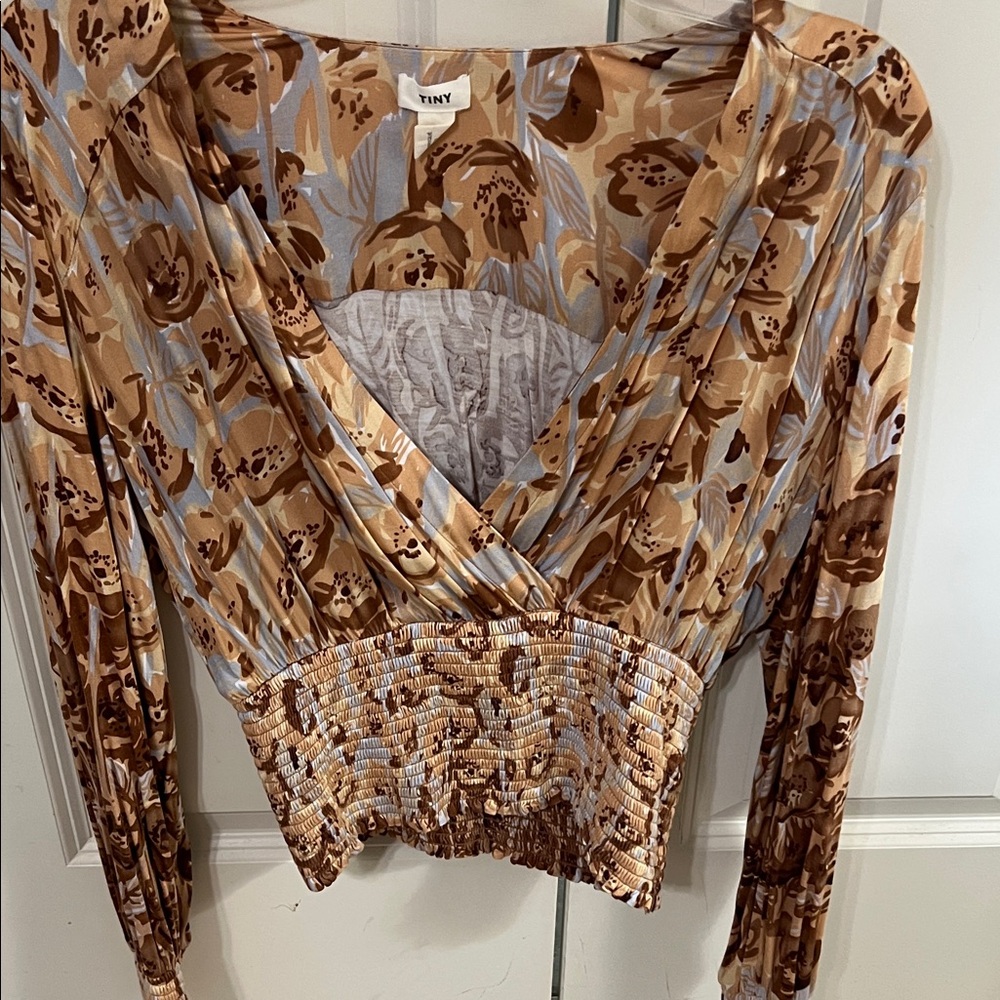 TINY from Anthropology Floral Wrap Blouse in Brown and Tan